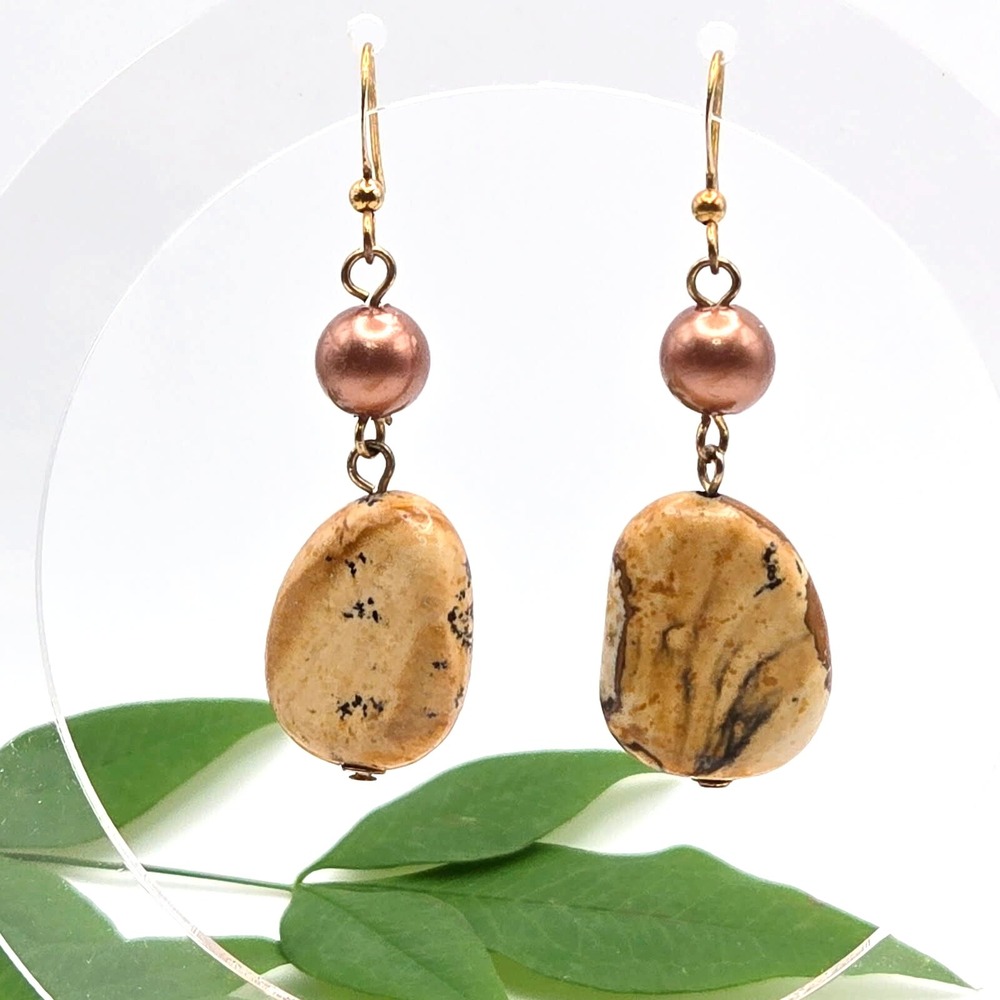 Natural Jasper and Faux Chocolate Pearl Handmade Goldtone Hook Dangle Earrings